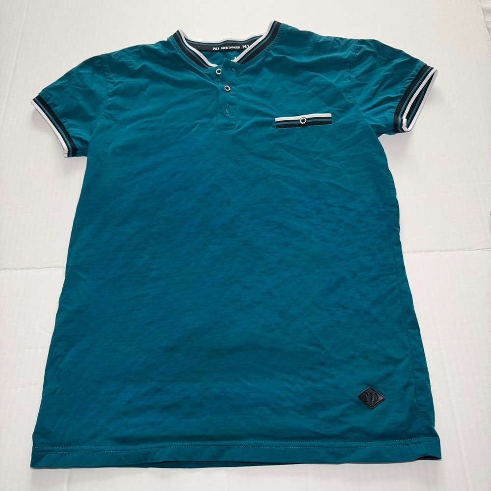 Nick Danger teal with black trim polo sz S